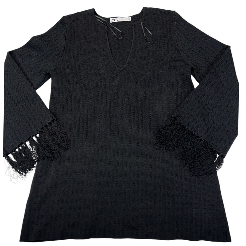 ZARA Womens Black Fringe Mini Dress‎ Bell Sleeve V Neck Knit Boho Festival